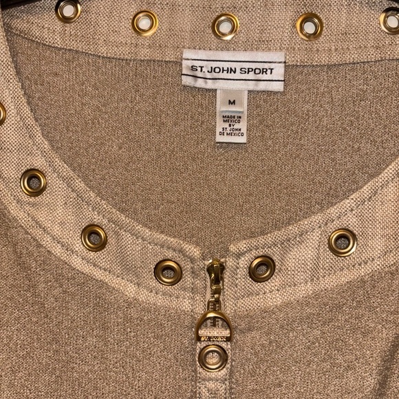 ST. JOHN SPORT Tan Scoop Neck Sweater Zip Cardigan with Grommets | Size M - Picture 2 of 7